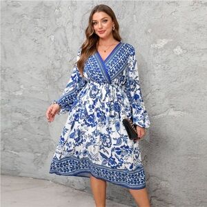 Cupshe Plus SizeBlue and White V-Neck Sundress with Bishop Sleeves